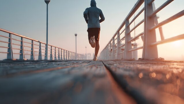 People walking and running on a bridge over the sea with sky and ocean in the background