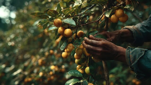 Man picking apples and fruits in an orchard garden tree