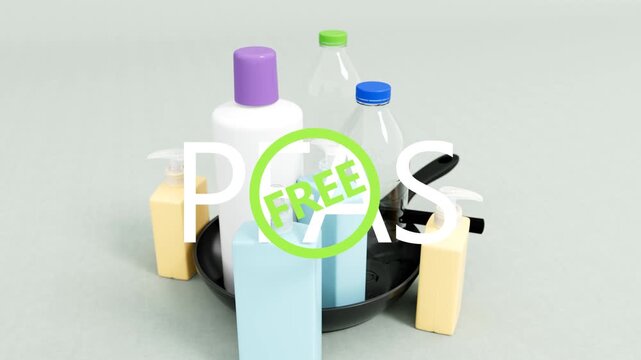 PFAS Free Green Badge Over Assorted Plastic Bottles