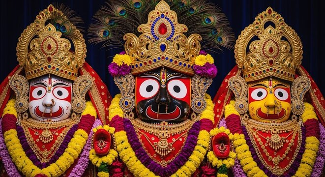 Lord Jagannath Balabhadra and Subhadra Idols Decorated with Flowers and Jewelry, Rath Yatra Festival India