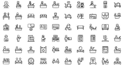 Fototapeta premium Office Reception and Hotel Lobby Outline Icon Set 50 Icons Editable Stroke Vector Collection