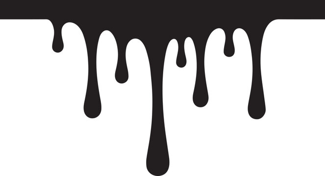 Dripping Black Liquid with Elongated Droplets and Central Heavy Drop, Gothic Horror Border Style Black and White Vector Illustration
