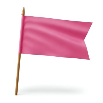 Pink flag waving on a wooden pole against plain background isolated on white background