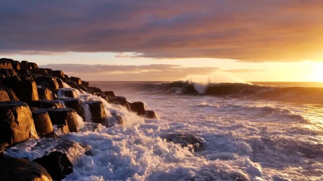 Powerful ocean waves crashing against hexagonal basalt columns on a rocky coastline at sunset, with golden light illuminating the mist and spray under a dramatic orange sky.