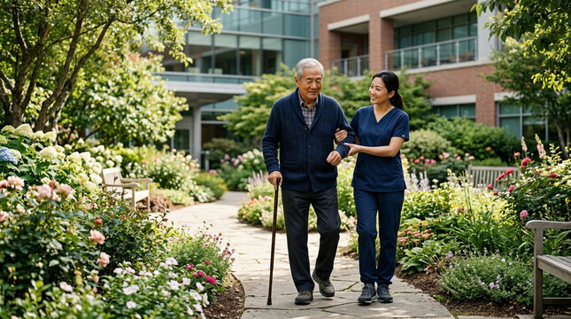Elderly man walking with caregiver in peaceful hospital garden, supportive outdoor health care scene