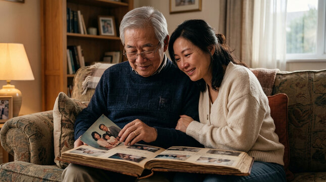 Elderly asian father and adult daughter look family photo album with warm smile cozy living room home interior family memory senior man adult woman photo album affectionate bond couch window light