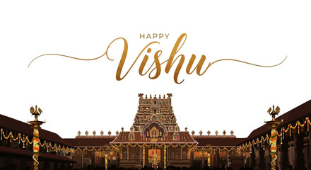 Elegant vector illustration showcases a 'Happy Vishu' greeting above a traditional Kerala temple, capturing the essence of the Malayali New Year celebration with festive decorations © Fasuga