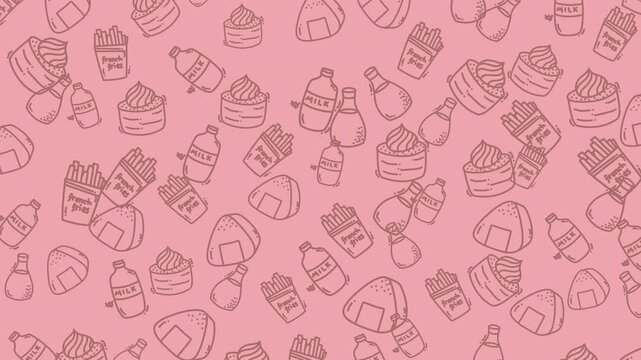 Seamless cute food pattern animation featuring milk bottles, french fries, bread and desserts on pink background. Perfect for kids, menu, packaging and background design.
