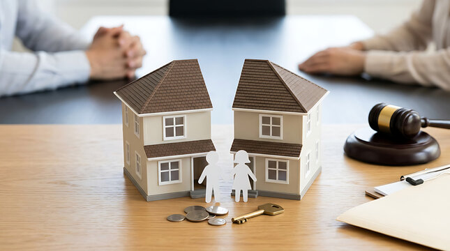 miniature house split in half with paper couple and judge gavel on wooden desk representing property division real estate law and legal divorce settlement process