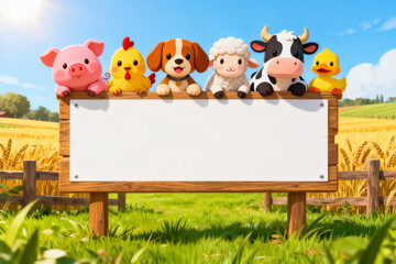Fototapeta premium Cute Farm Animals with Blank Sign in Field