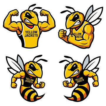 Muscular hornet mascot character set aggressive yellow jacket wasp illustrations