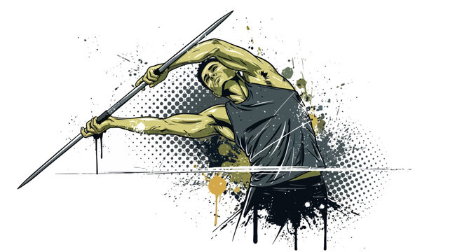 Athlete throwing javelin, dynamic action pose with paint splatters