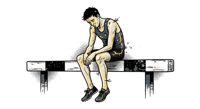 Exhausted runner sitting on hurdle, feeling defeated