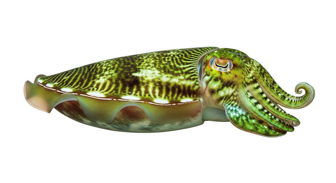 A vibrant cuttlefish with striking green and yellow patterns swimming in the dark ocean water a transparent background