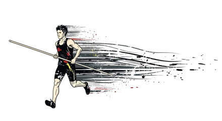 Fototapeta premium Pole Vaulter Running with Pole, Abstract Speed Lines and Splatter Effect