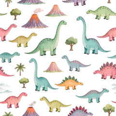 Obraz premium Seamless pastel dinosaurs with trees and volcanoes