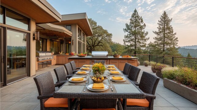 Elegant Outdoor Dining Setup with Beautiful Scenery and Abundant Natural Light in Scenic Garden Area