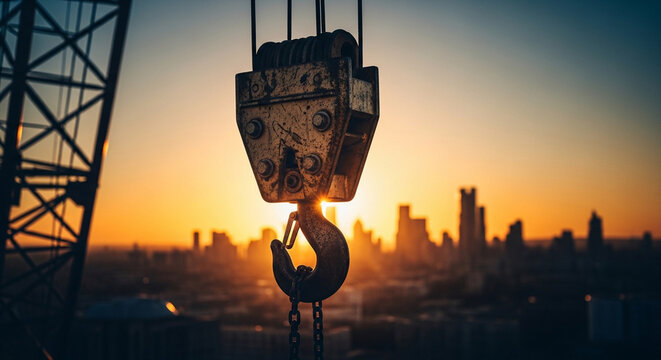 Heavy industrial crane hook silhouetted against a vibrant city skyline at sunset, symbolizing construction and urban development.