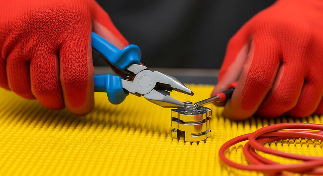 Hands in red gloves using blue pliers to work on a gold electronic component on a yellow surface