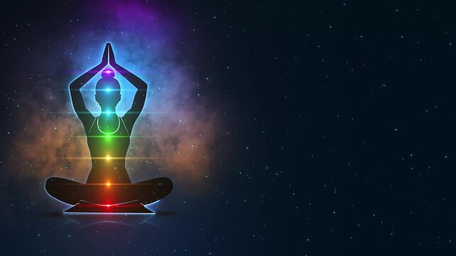 yoga and spiritual practice visualization. Bright colorful lights of body energy emerge and disappear on a dark silhouette of yoga Meditation background with chakras and kundalini