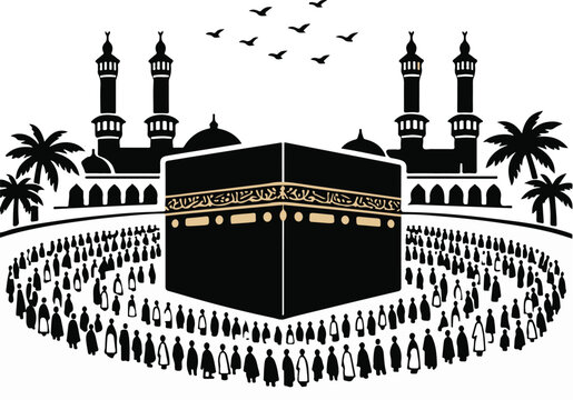 Kaaba surrounded by circumambulating pilgrims, with Mecca skyline and flying birds, sacred Islamic pilgrimage black and white vector illustration
