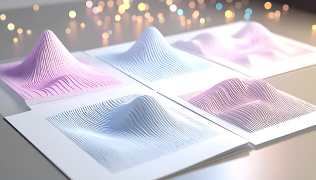 Abstract topography of statistical Gaussian bell curves on white sheets symbolizing data distribution and probability analysis