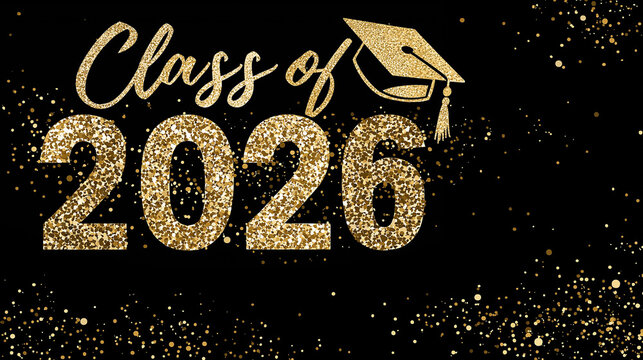 Golden text reads "Class of 2026" with a graduation cap. Sparkles surround the words, glowing against a dark background. Celebratory mood suggests achievement and joy for graduates