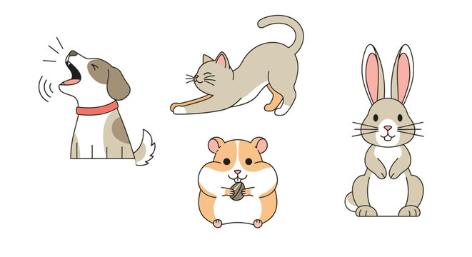 Cute cartoon dog cat hamster rabbit.