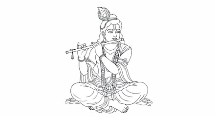 Obraz premium Line drawing of a Hindu deity playing a flute in a seated position with a serene and peaceful mood against a clean white background.