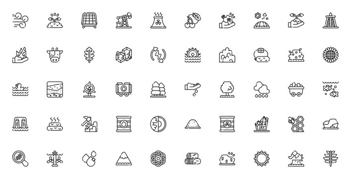 Natural Resources icon set. Vector illustrations of Wind, Solar, Nuclear, Coal, Oil, Renewable Energy, Water, Mining, Agriculture and Ecology symbols.