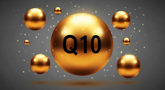 Golden Q10 spheres floating with sparkling lights on gray background ball coenzyme