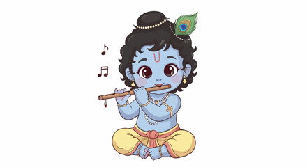 Fototapeta premium Illustration of a blue-skinned Hindu deity playing a flute with musical notes and a peacock feather on a plain white background.