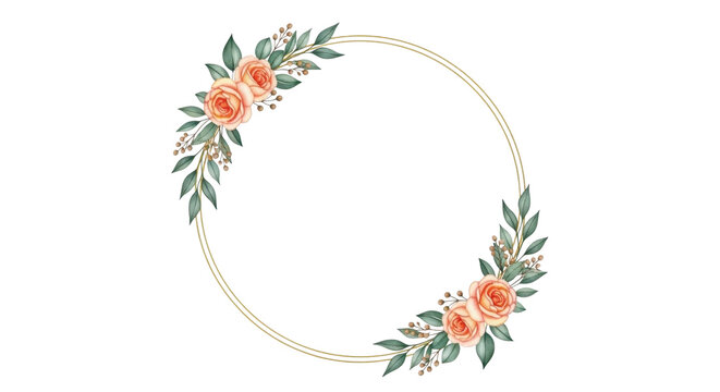 Round gold frame with peach roses and foliage on a transparent background PNG file