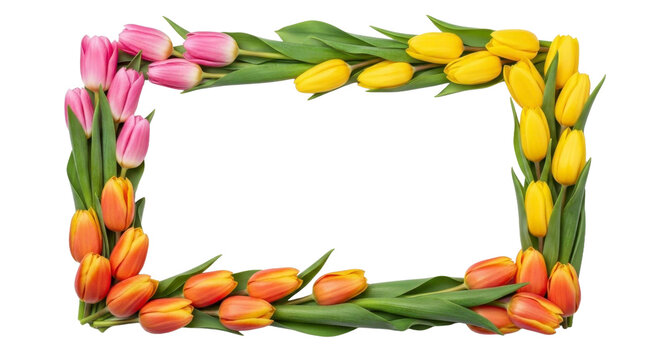 Rectangular border frame of colorful spring tulips on a transparent background PNG file