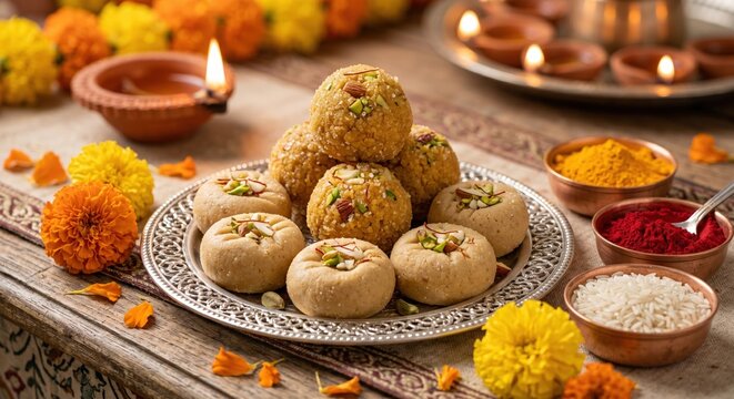 Close up of Indian sweets laddu and peda arranged on a silver plate surrounded by marigold flowers and bowls of spices for festive celebration