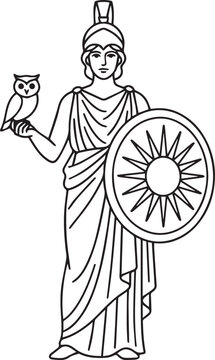 Classical standing figure of Athena (Minerva), Greek goddess of wisdom, holding a shield with a sunburst design and an owl, ancient mythology line art black and white vector illustration
