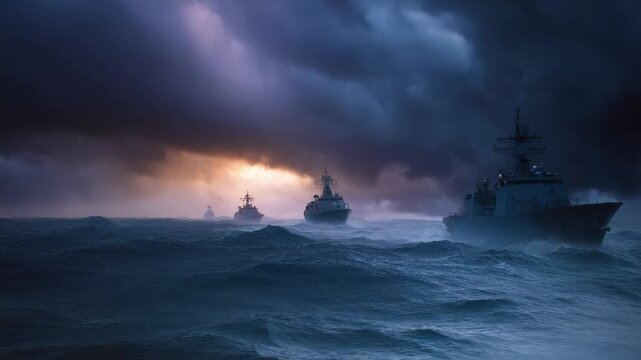 Stormy sea with three naval ships battling rough waves. Dark clouds loom overhead, glowing slightly at the horizon. Ships move steadily despite turbulent waters