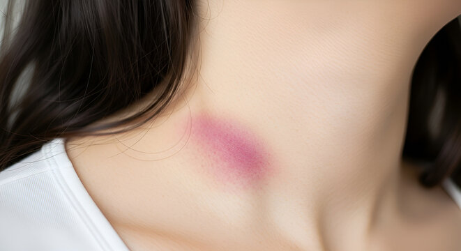 Close-up of a noticeable hickey, a temporary mark of affection, on a woman's neck, symbolizing a passionate moment or intimate encounter