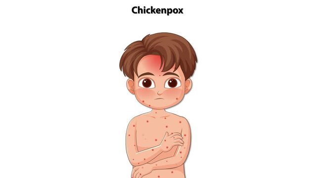 Animated boy with chickenpox symptoms appearing on his body and face.