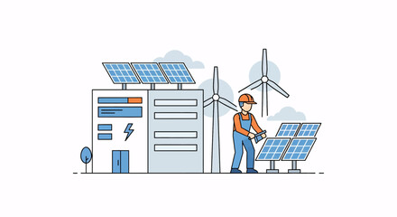 Fototapeta premium Renewable Energy Engineer Inspecting Solar Panels and Wind Turbines