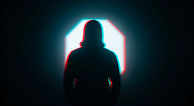Shadowy figure in a hoodie illuminated by a vibrant, glitching octagon light, creating a mysterious and digitally distorted visual with striking RGB effects