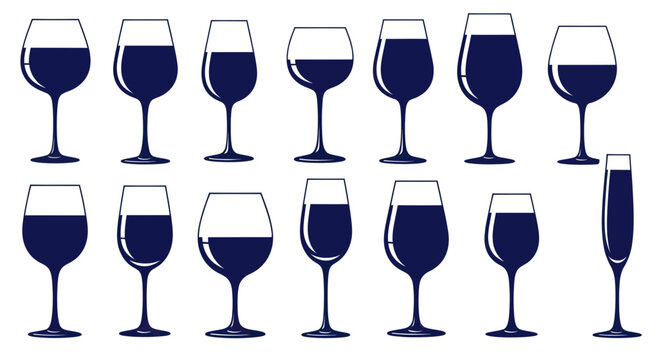 Collection of Diverse Wine Glasses Filled with Red Wine, Isolated on White