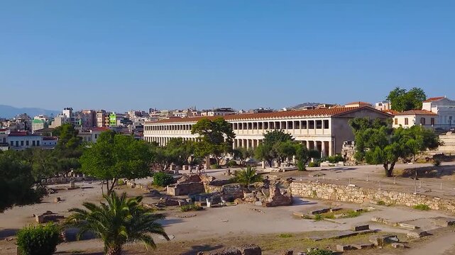 Aerial View of Roman Agora in Athens Greece with Ancient Ruins and Cityscape