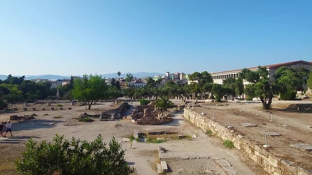 Aerial View of Roman Agora in Athens Greece with Ancient Ruins and Cityscape