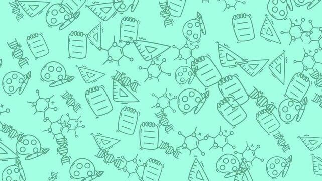 Seamless education and science doodle pattern animation featuring DNA, geometry tools, molecules and art elements on green background. Perfect for school, learning and creative projects.