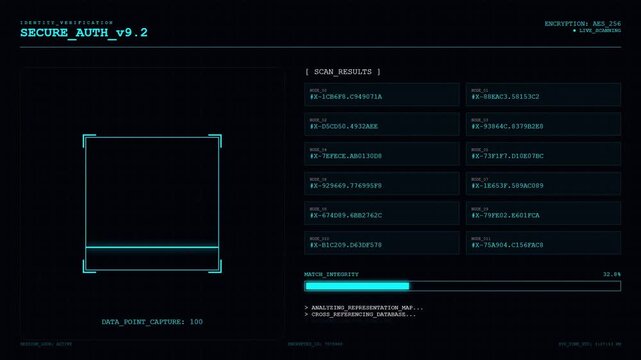 Secure Authentication Interface with Biometric Identity Verification Scan Results and Digital Match Integrity Loading Bar.