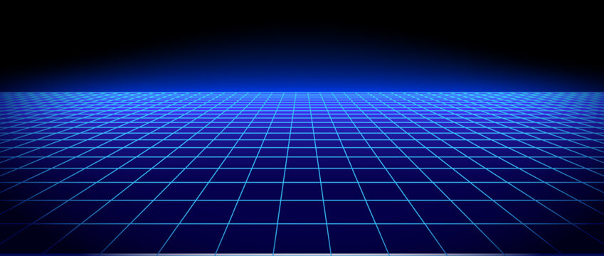 Blue glow neon wireframe background. Deep blue shining checkered grid floor plane in perspective. Retro futuristic horizon wallpaper. Arcade game sci fi matrix landscape surface. Vector backdrop