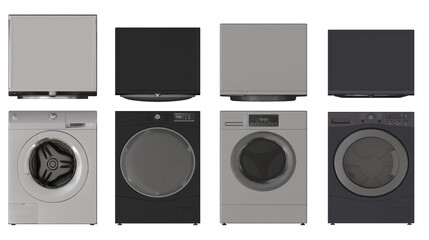 Collection of sleek household dryers and washers, overhead and front perspective, 3D illustration