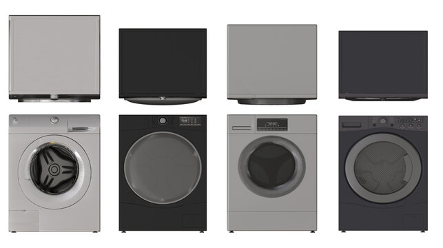 Collection of sleek household dryers and washers, overhead and front perspective, 3D illustration