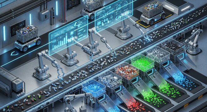 Advanced automated factory with robotic arms, conveyor belts, and AGVs sorting materials into color-coded bins, displaying real-time data on holographic screens.